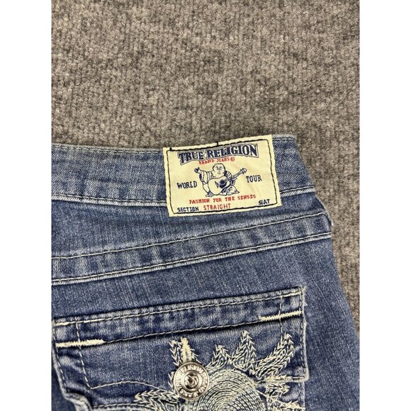 True Religion Jeans Womens 28 Blue Straight Leg Made USA Embroidered Pockets - Picture 8 of 9
